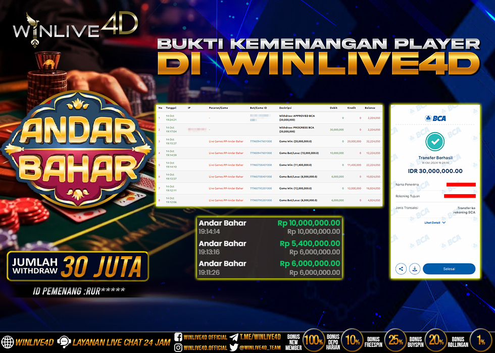 WINLIVE4D JACKPOT LIVE CASINO ANDAR BAHAR Rp.30.000.000.,- LUNAS