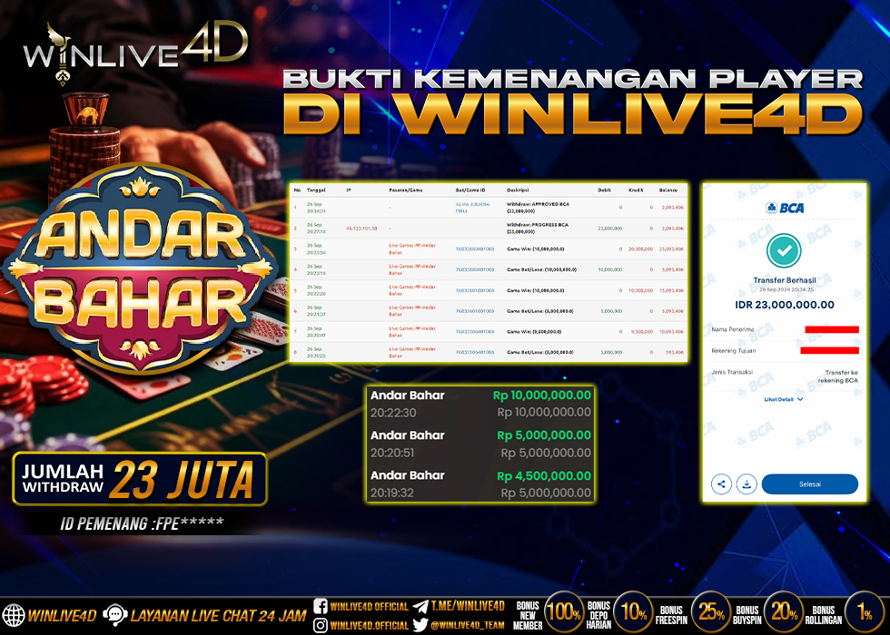WINLIVE4D JACKPOT LIVE CASINO ANDAR BAHAR Rp.23.000.000.,- LUNAS