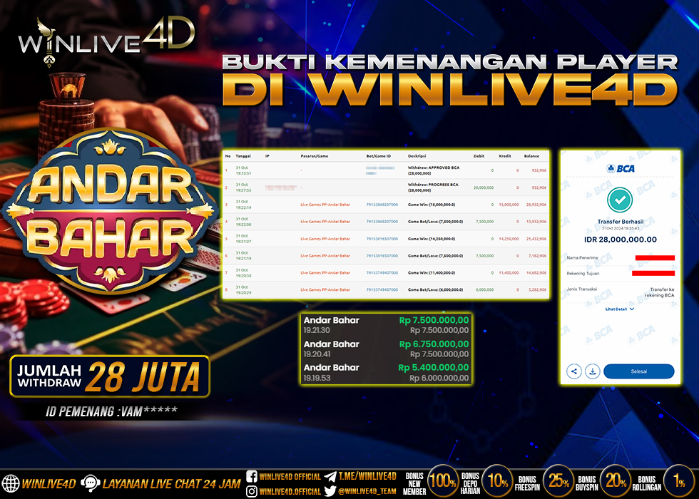 WINLIVE4D JACKPOT LIVE CASINO ANDAR BAHAR Rp.28.000.000.,- LUNAS