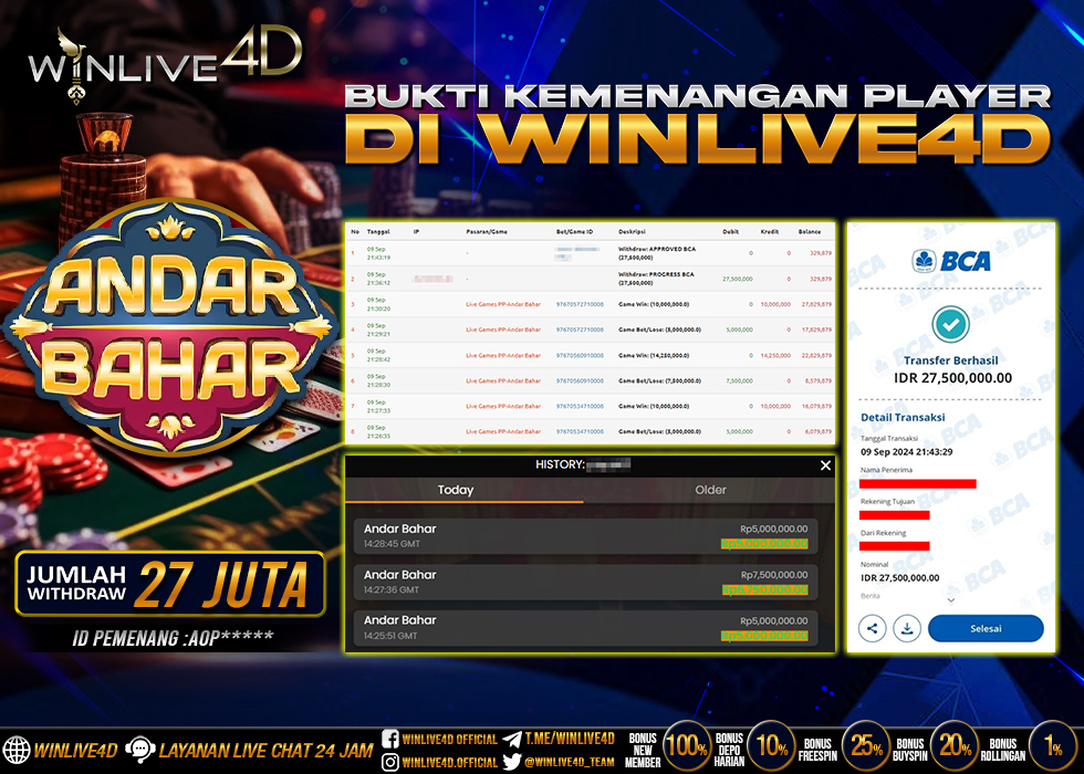 WINLIVE4D JACKPOT LIVE CASINO ANDAR BAHAR Rp.27.500.000.,- LUNAS