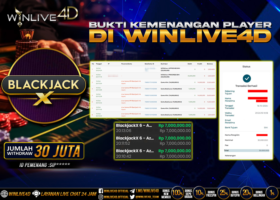 WINLIVE4D JACKPOT LIVE CASINO BLACKJACK Rp.30.000.000.,- LUNAS