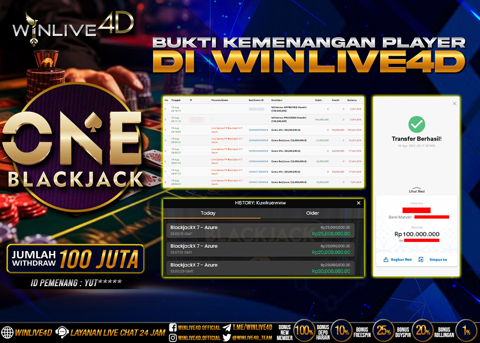 WINLIVE4D JACKPOT LIVE CASINO ONE BLACKJACK Rp.100.000.000.,- LUNAS