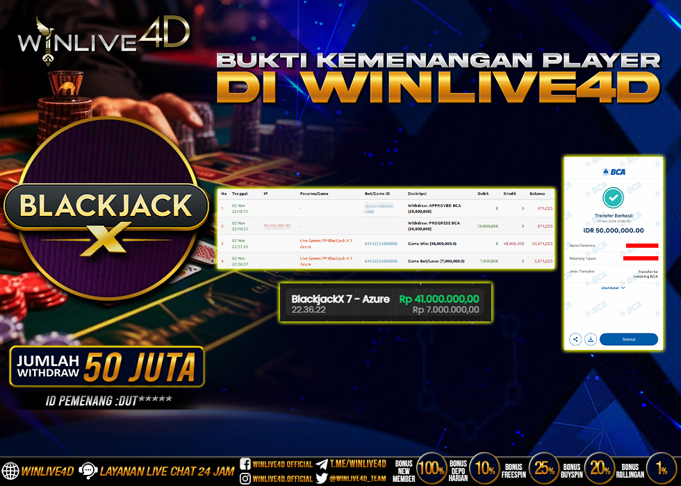 WINLIVE4D JACKPOT LIVE CASINO BLACKJACK Rp.50.000.000.,- LUNAS