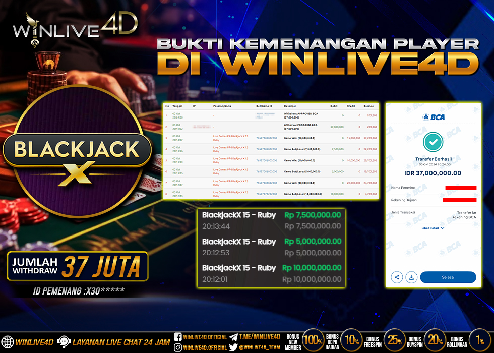 WINLIVE4D JACKPOT LIVE CASINO BLACKJACK Rp.30.000.000.,- LUNAS