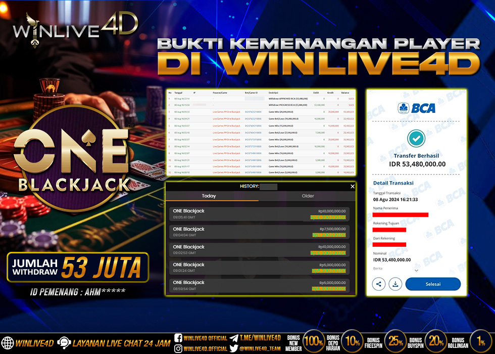WINLIVE4D JACKPOT LIVE CASINO ONE BLACKJACK Rp.53.000.000.,- LUNAS