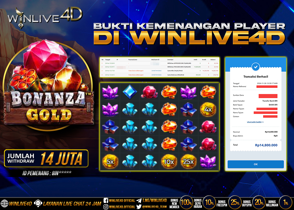 WINLIVE4D JACKPOT SLOT BONANZA GOLD Rp.14.800.000.,- LUNAS