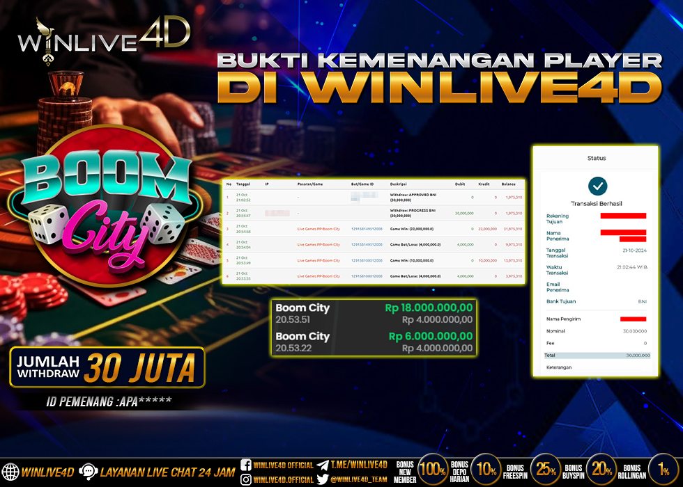 WINLIVE4D JACKPOT LIVE CASINO BOOM CITY Rp.30.000.000.,- LUNAS