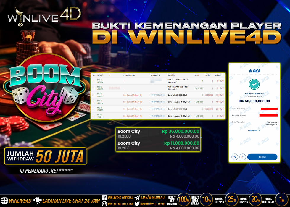 WINLIVE4D JACKPOT LIVE CASINO BOOM CITY Rp.50.000.000.,- LUNAS