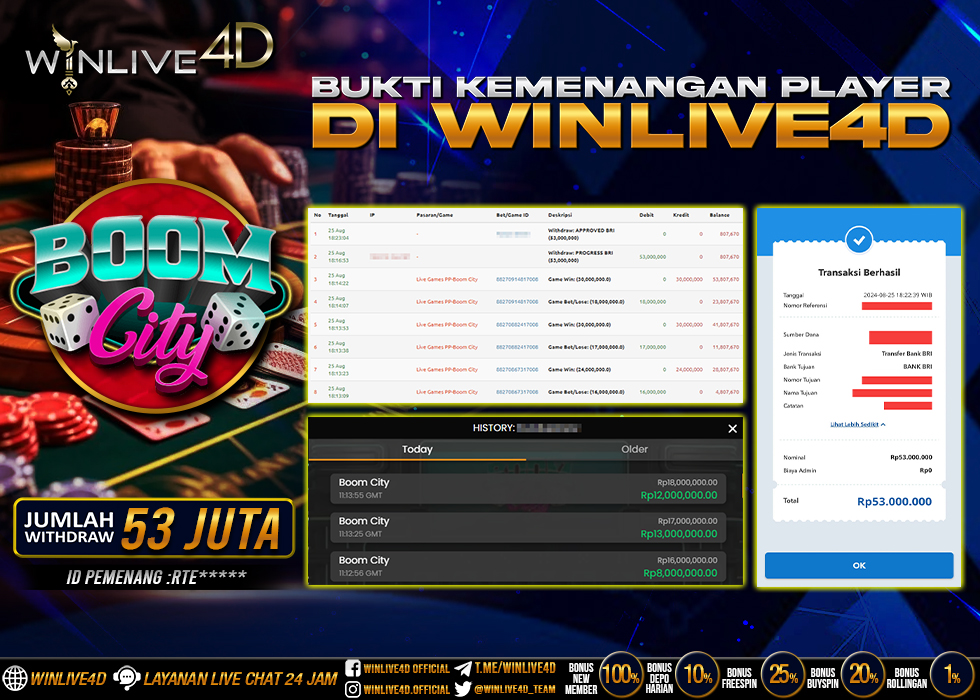 WINLIVE4D JACKPOT LIVE CASINO BOOM CITY Rp.53.000.000.,- LUNAS