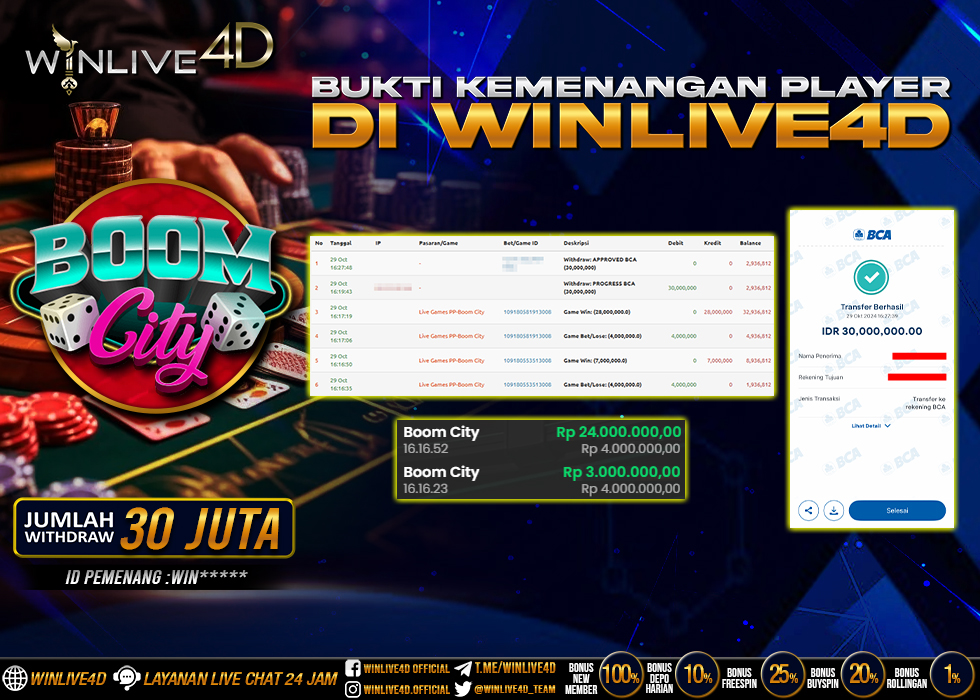 WINLIVE4D JACKPOT LIVE CASINO BOOM CITY Rp.30.000.000.,- LUNAS