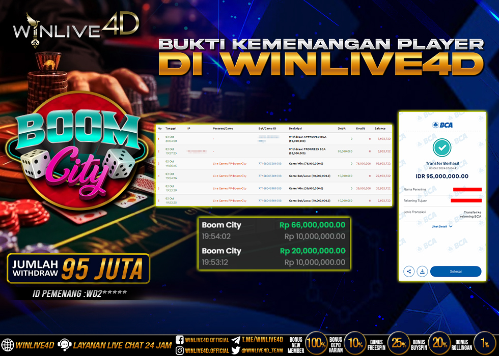 WINLIVE4D JACKPOT LIVE CASINO BOOM CITY Rp.95.000.000.,- LUNAS