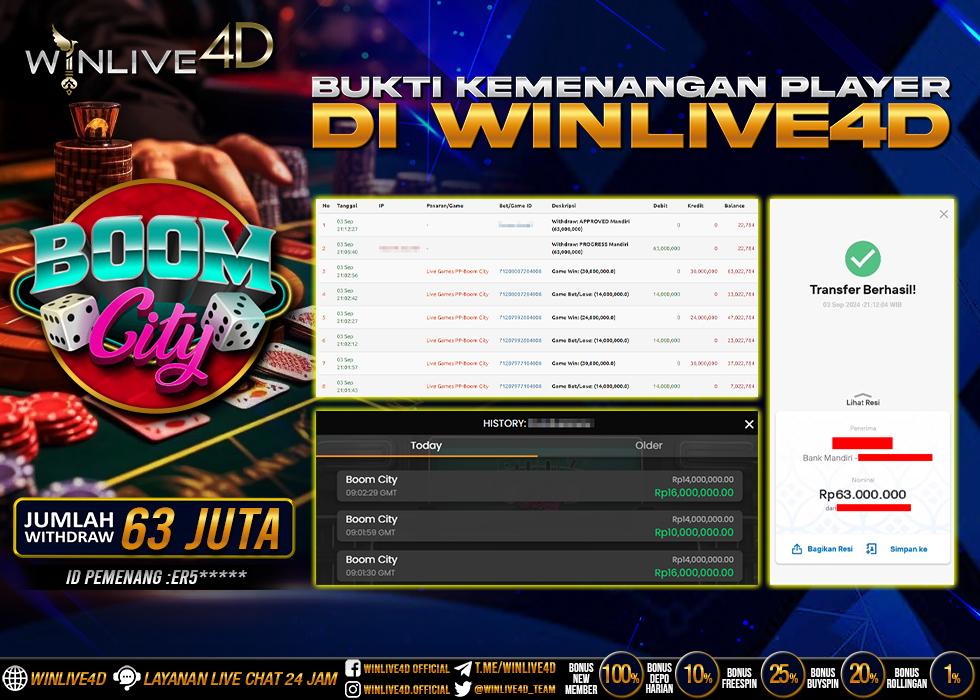 WINLIVE4D JACKPOT LIVE CASINO BOOM CITY Rp.63.000.000.,- LUNAS