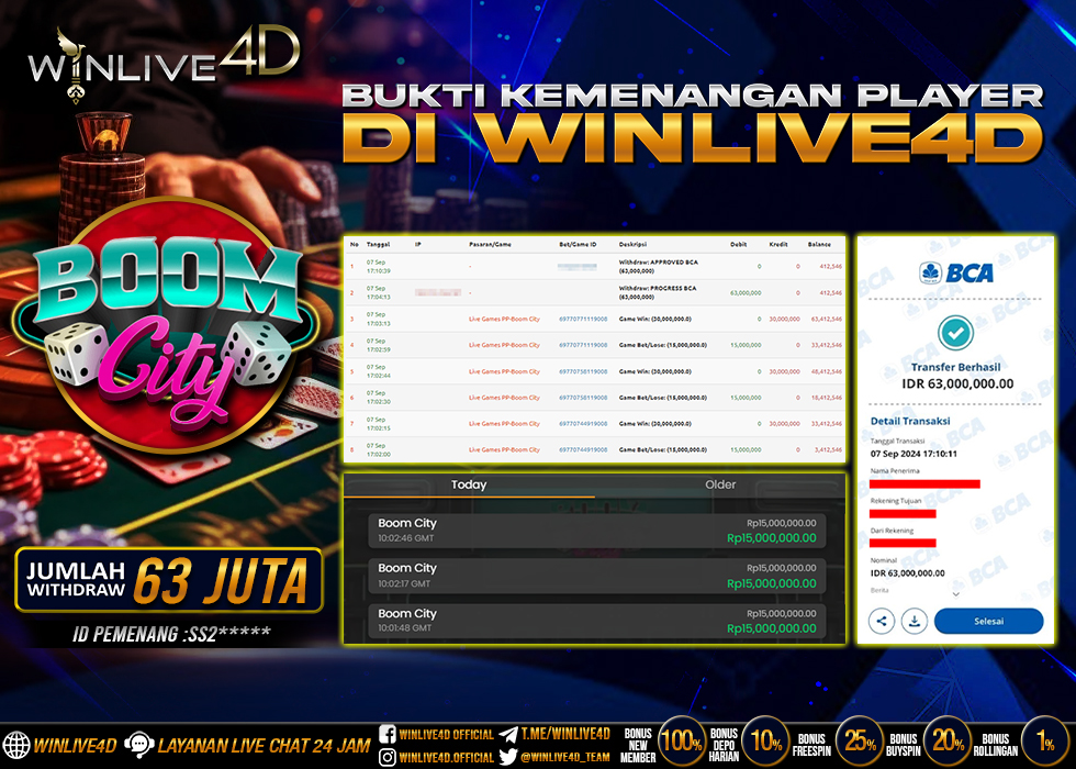 WINLIVE4D JACKPOT LIVE CASINO BOOM CITY Rp.63.000.000.,- LUNAS