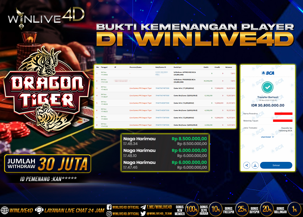 WINLIVE4D JACKPOT LIVE CASINO DRAGON TIGER Rp.30.800.000.,- LUNAS
