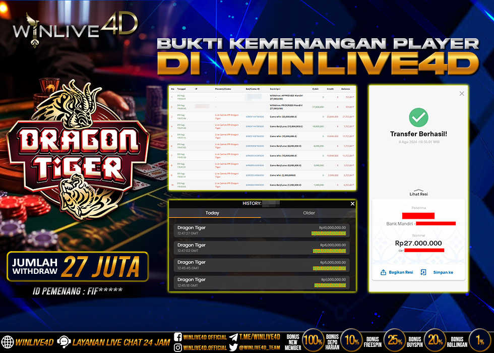 WINLIVE4D JACKPOT LIVE CASINO DRAGON TIGER Rp.27.000.000.,- LUNAS