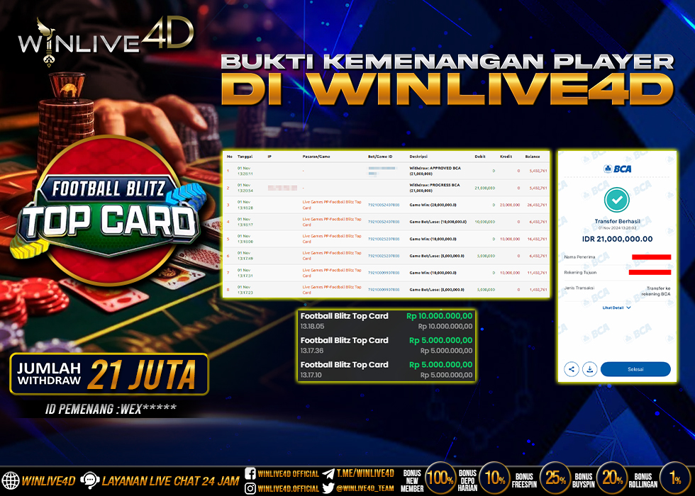 WINLIVE4D JACKPOT LIVE CASINO FOOTBALL BLITZ TOP CARD Rp.21.000.000.,- LUNAS