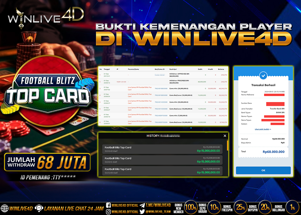 WINLIVE4D JACKPOT LIVE CASINO FOOTBALL BLITZ TOP CARD Rp.68.000.000.,- LUNAS