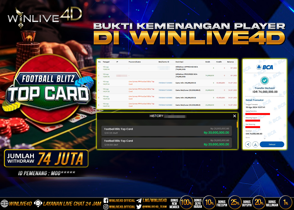 WINLIVE4D JACKPOT LIVE CASINO FOOTBALL BLITZ TOP CARD Rp.74.000.000.,- LUNAS