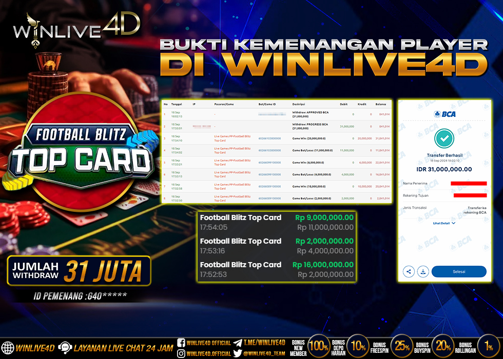 WINLIVE4D JACKPOT LIVE CASINO FOOTBALL BLITZ TOP CARD Rp.27.700.000.,- LUNAS