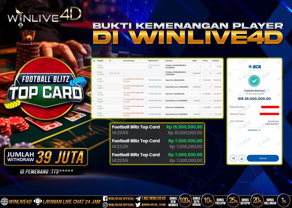 WINLIVE4D JACKPOT LIVE CASINO FOOTBALL BLITZ TOP CARD Rp.39.000.000.,- LUNAS