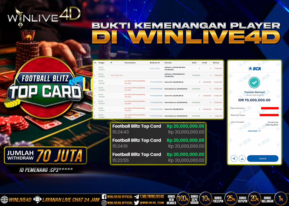 WINLIVE4D JACKPOT LIVE CASINO FOOTBALL BLITZ TOP CARD Rp.70.000.000.,- LUNAS