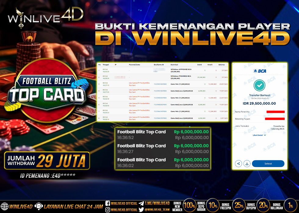 WINLIVE4D JACKPOT LIVE CASINO FOOTBALL BLITZ TOP CARD Rp.29.500.000.,- LUNAS
