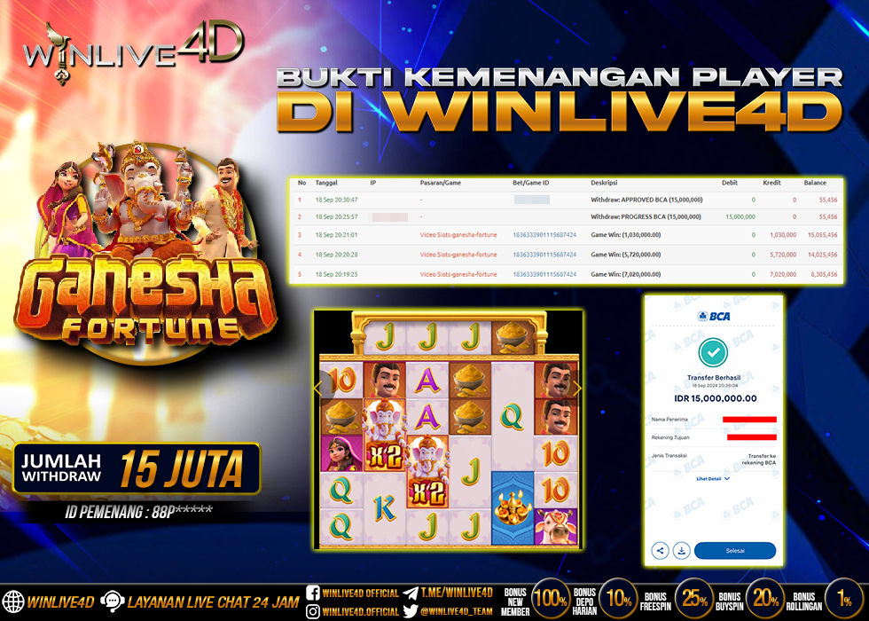 WINLIVE4D JACKPOT GANESHA FORTUNE Rp.15.000.000,- LUNAS