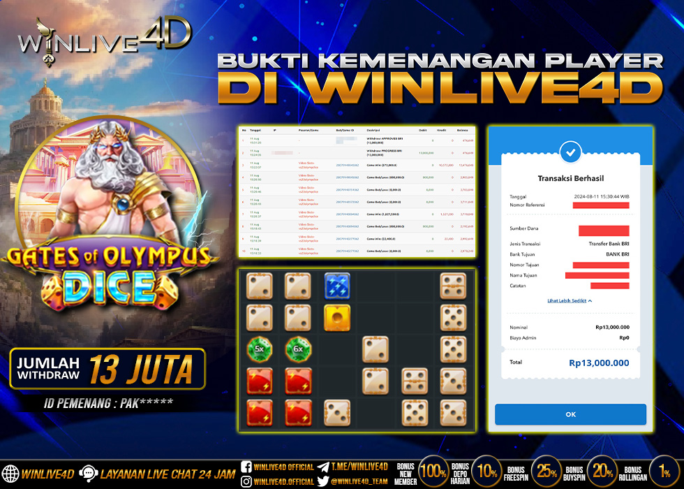 WINLIVE4D JACKPOT SLOT GATE OF OLYMPUS DICE Rp.13.000.000.,- LUNAS