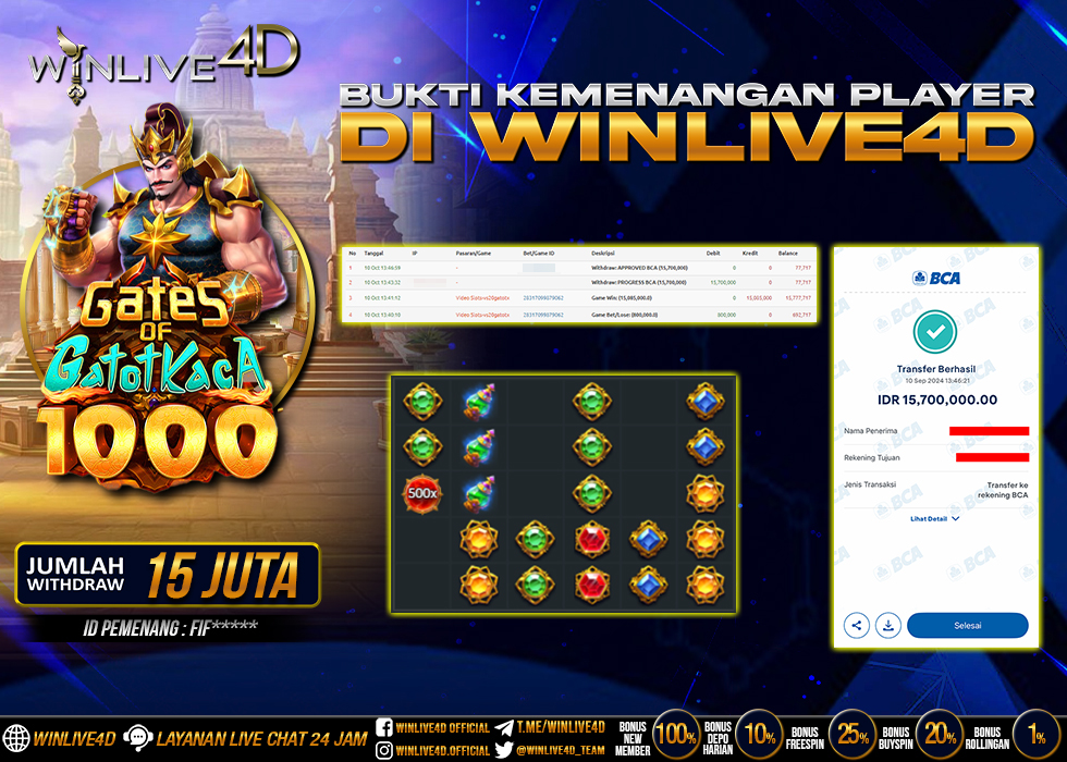 WINLIVE4D JACKPOT SLOT GATES OF GATOTKACA 1000 Rp.15.700.000.,- LUNAS