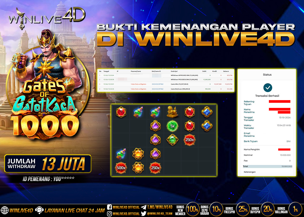 WINLIVE4D JACKPOT SLOT GATES OF GATOTKACA 1000 Rp.13.000.000.,- LUNAS