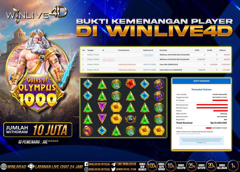 WINLIVE4D JACKPOT SLOT GATES OF OLYMPUS 1000 Rp.10.000.000.,- LUNAS