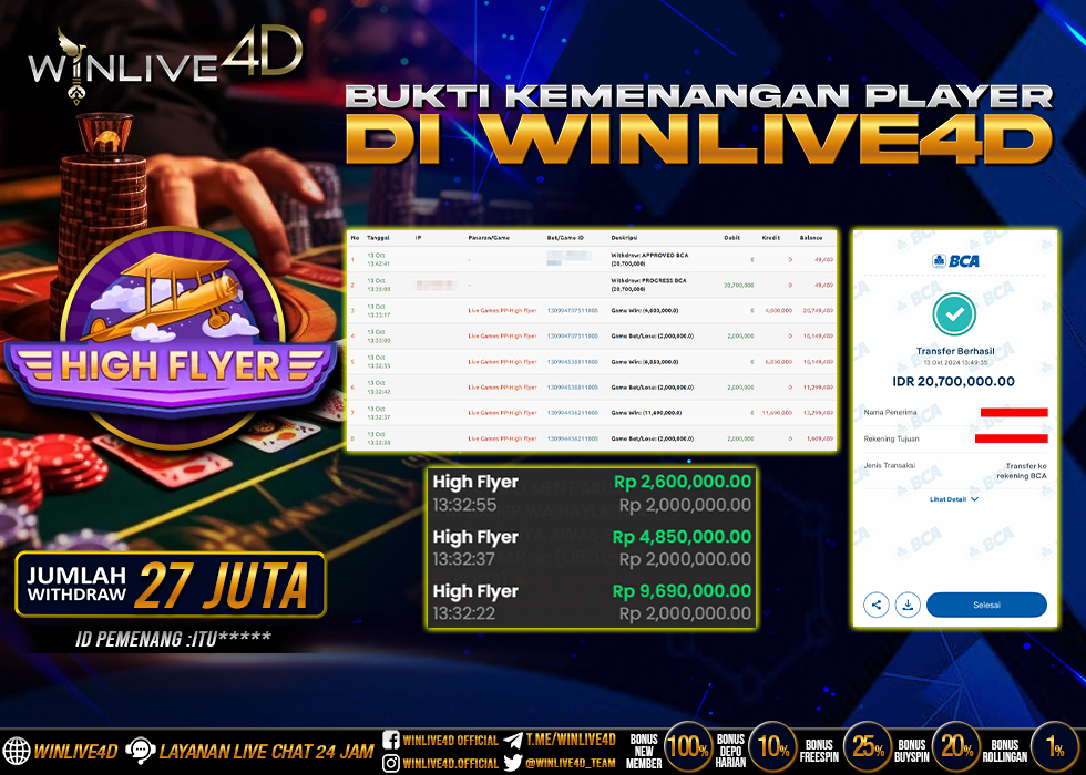 WINLIVE4D JACKPOT LIVE CASINO HIGH FLYER Rp.20.700.000.,- LUNAS
