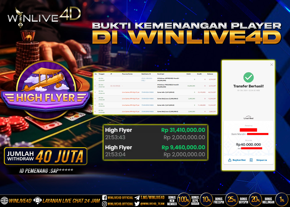 WINLIVE4D JACKPOT LIVE CASINO HIGH FLYER Rp.40.000.000.,- LUNAS