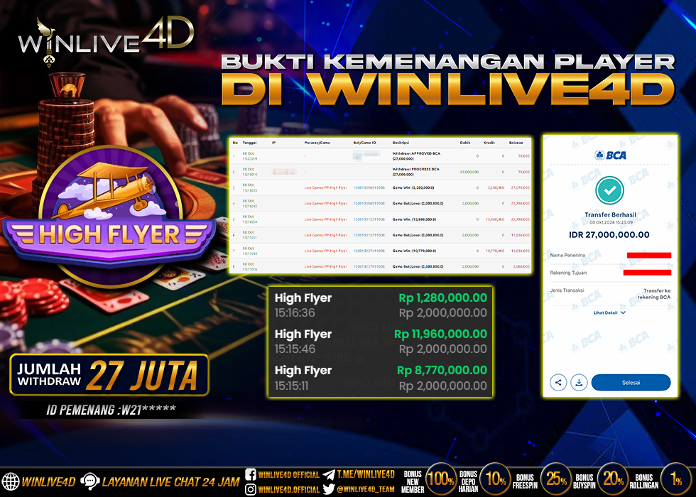 WINLIVE4D JACKPOT LIVE CASINO HIGH FLYER Rp.27.000.000.,- LUNAS