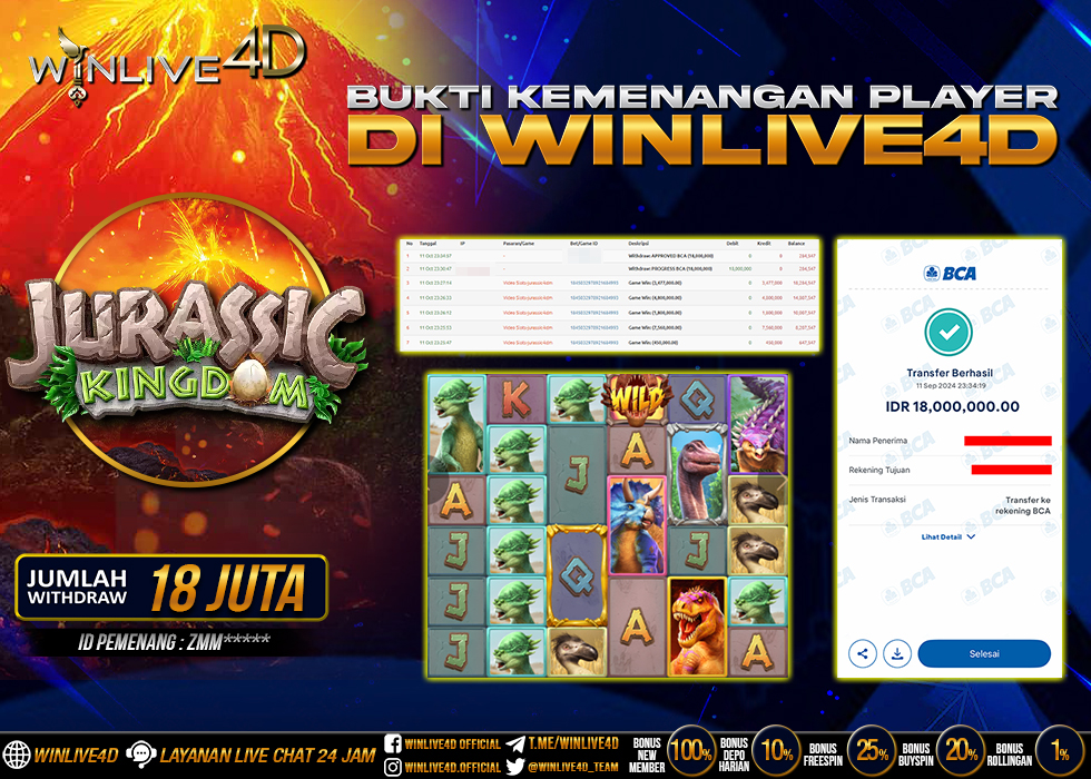 WINLIVE4D JACKPOT SLOT JURASSIC KINGDOM Rp.18.000.000.,- LUNAS
