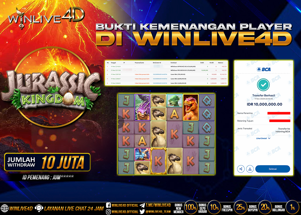 WINLIVE4D JACKPOT SLOT JURASSIC KINGDOM Rp.10.000.000.,- LUNAS