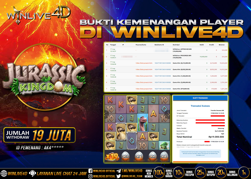 WINLIVE4D JACKPOT SLOT JURASSIC KINGDOM Rp.19.000.000.,- LUNAS