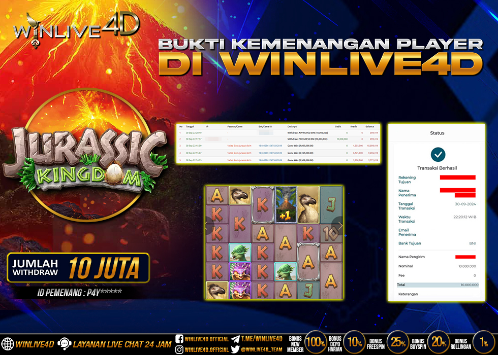 WINLIVE4D JACKPOT SLOT JURASSIC KINGDOM Rp.10.000.000.,- LUNAS