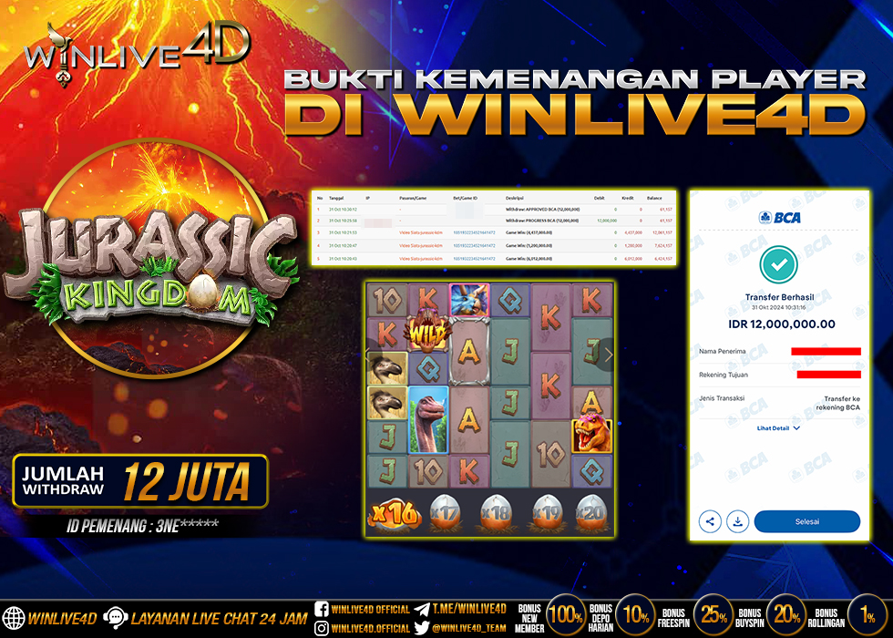 WINLIVE4D JACKPOT SLOT JURASSIC KINGDOM Rp.12.000.000.,- LUNAS