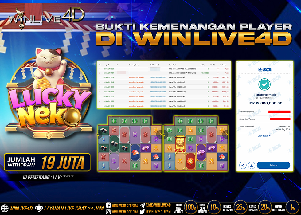 WINLIVE4D JACKPOT SLOT LUCKY NEKO Rp.19.000.000.,- LUNAS