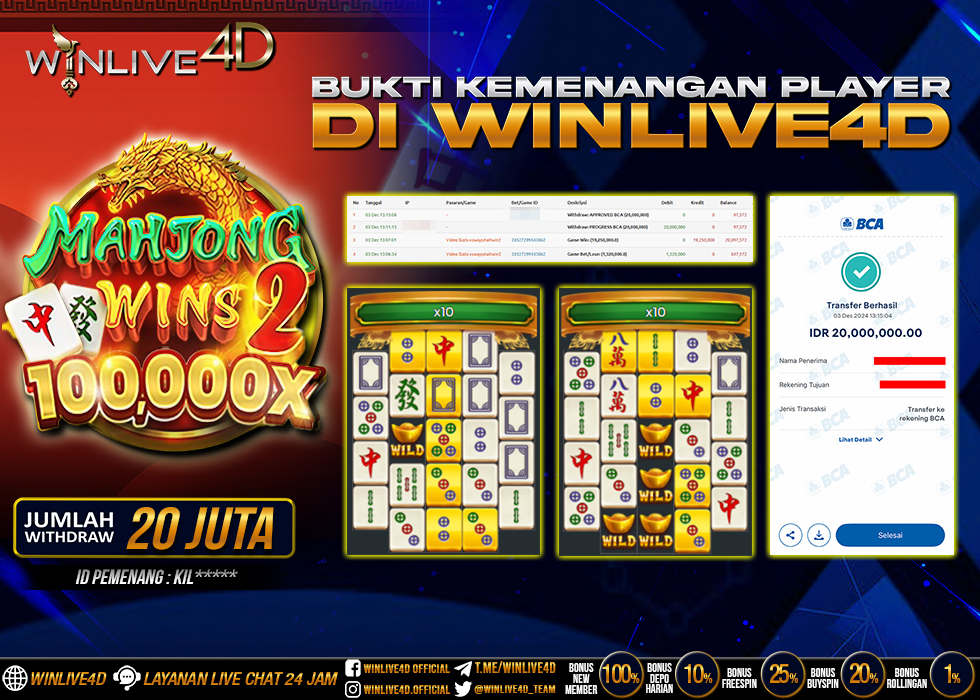 WINLIVE4D JACKPOT SLOT MAHJONG WINS 2 RP.20.000.000.,- LUNAS