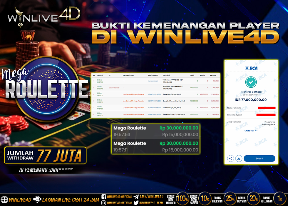WINLIVE4D JACKPOT LIVE CASINO MEGA ROULETTE Rp.77.000.000.,- LUNAS