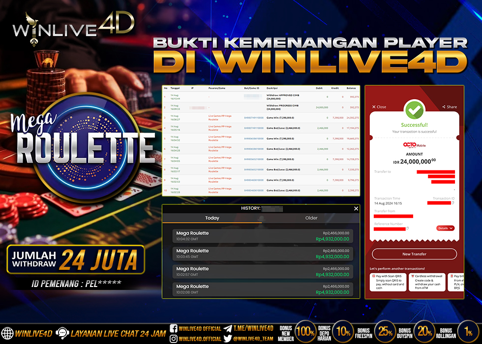 WINLIVE4D JACKPOT LIVE CASINO MEGA ROULETTE Rp.24.000.000.,- LUNAS