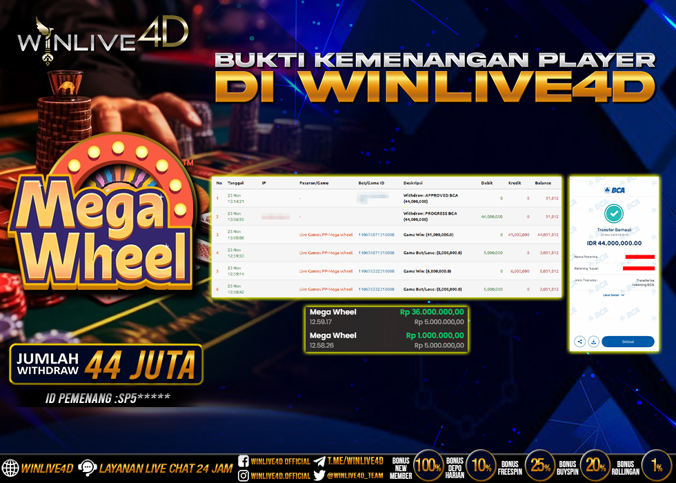WINLIVE4D JACKPOT LIVE CASINO MEGA WHEEL Rp.44.000.000.,- LUNAS