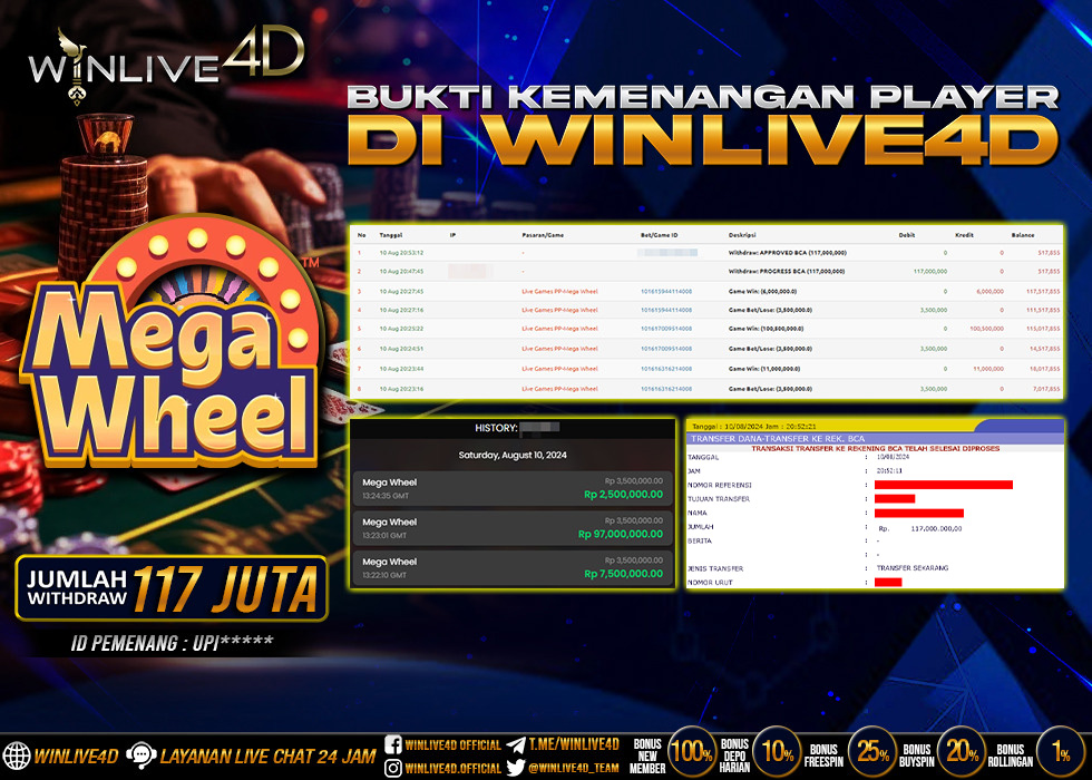 WINLIVE4D JACKPOT LIVE CASINO MEGA WHEEL Rp.117.000.000.,- LUNAS