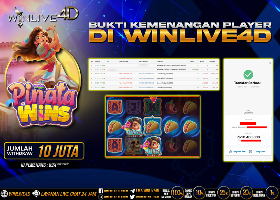 WINLIVE4D JACKPOT SLOT PINATA WINS Rp.10.400.000.,- LUNAS