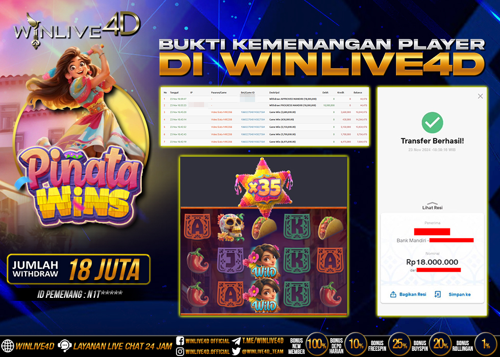 WINLIVE4D JACKPOT SLOT PINATA WINS Rp.18.000.000.,- LUNAS
