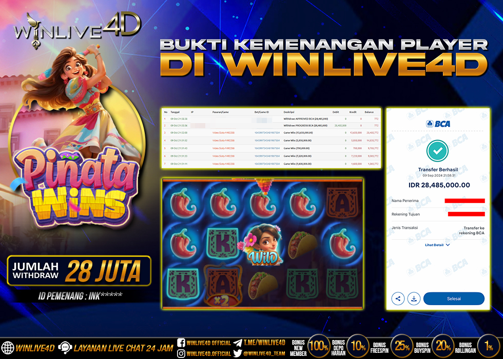 WINLIVE4D JACKPOT SLOT PINATA WINS Rp.28.485.000.,- LUNAS