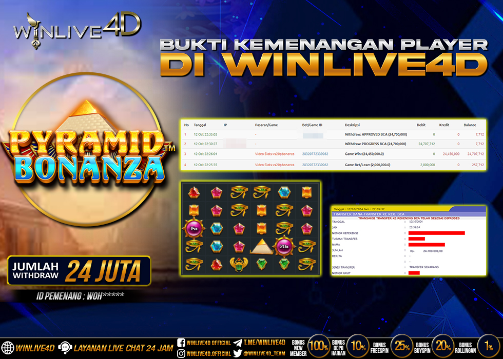 WINLIVE4D JACKPOT SLOT PYRAMID BONANZA Rp.24.700.000.,- LUNAS