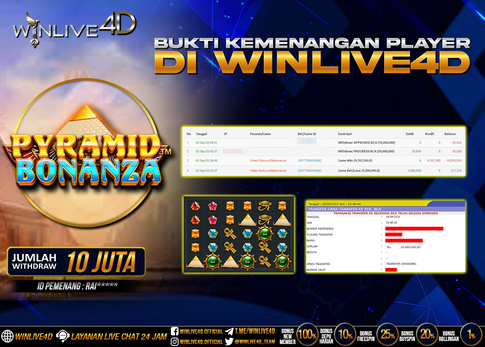 WINLIVE4D JACKPOT SLOT PYRAMID BONANZA Rp.10.000.000.,- LUNAS